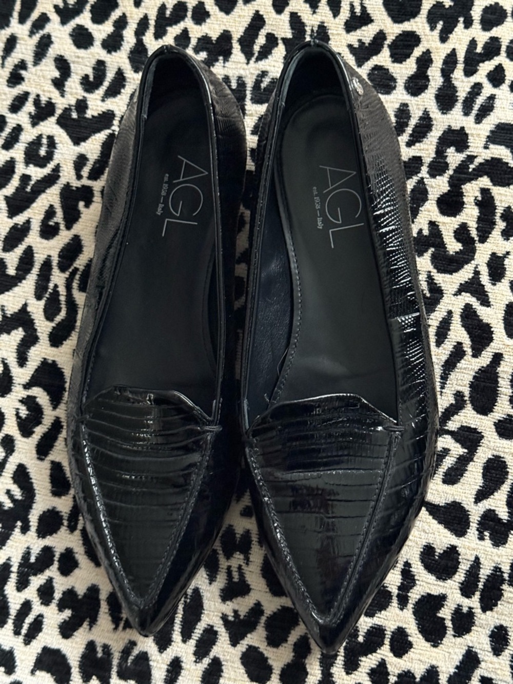 AGL Black Patent Pointed Loafers with Croc-Emboss